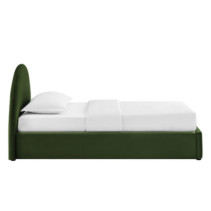 Resort Arched Performance Velvet Storage Platform Bed Frame in green with white bedding on Tampa Home & Garden Store