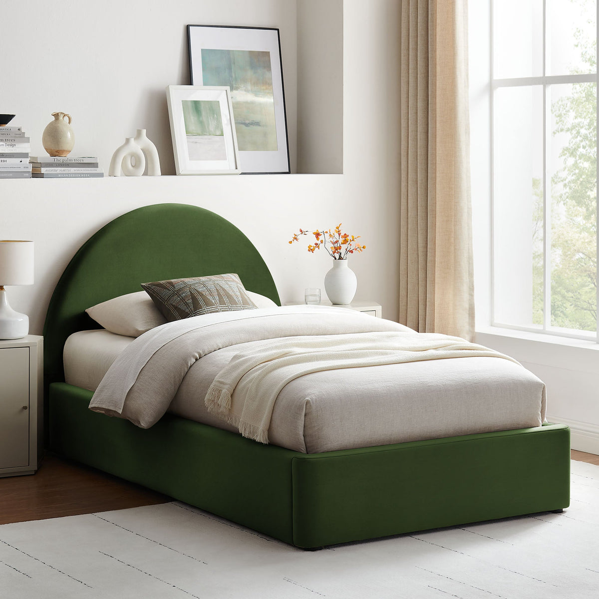 Resort arched performance velvet storage platform bed frame in green with curved headboard on Tampa Home & Garden Store