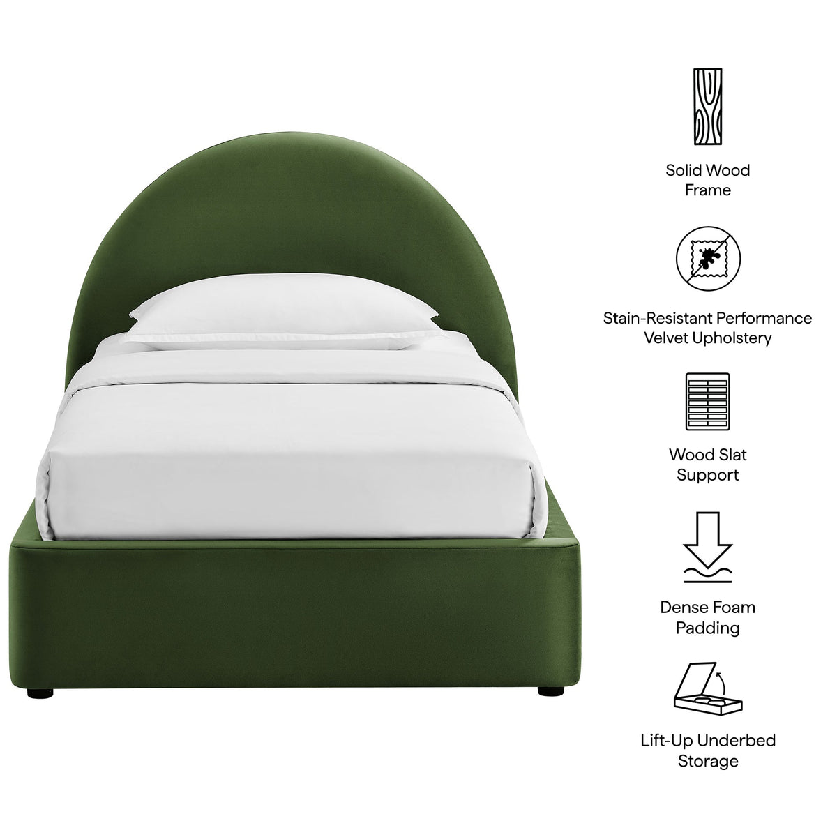 Resort arched velvet storage platform bed frame with green upholstery and solid wood frame on Tampa Home & Garden Store