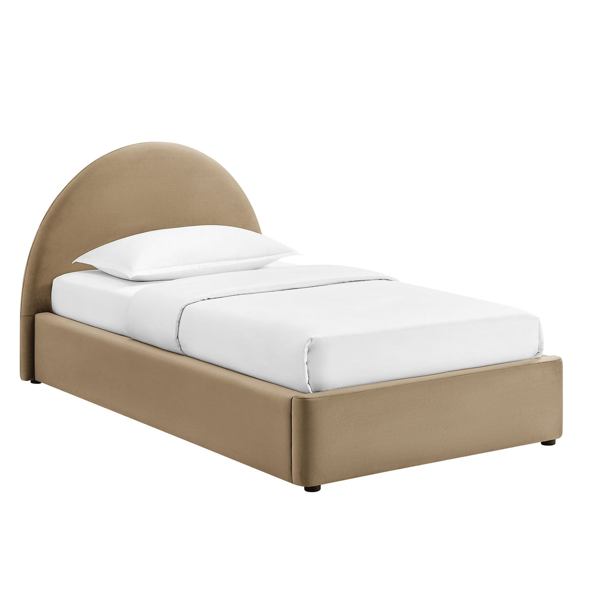 Resort Arched Performance Velvet Storage Platform Bed Frame in beige with white bedding on Tampa Home & Garden Store