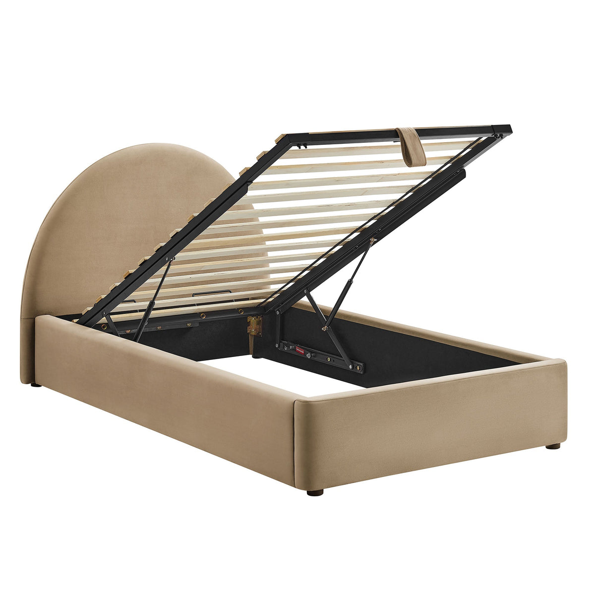 Resort arched velvet storage platform bed frame in beige upholstery with black metal by Modway on Tampa Home & Garden Store