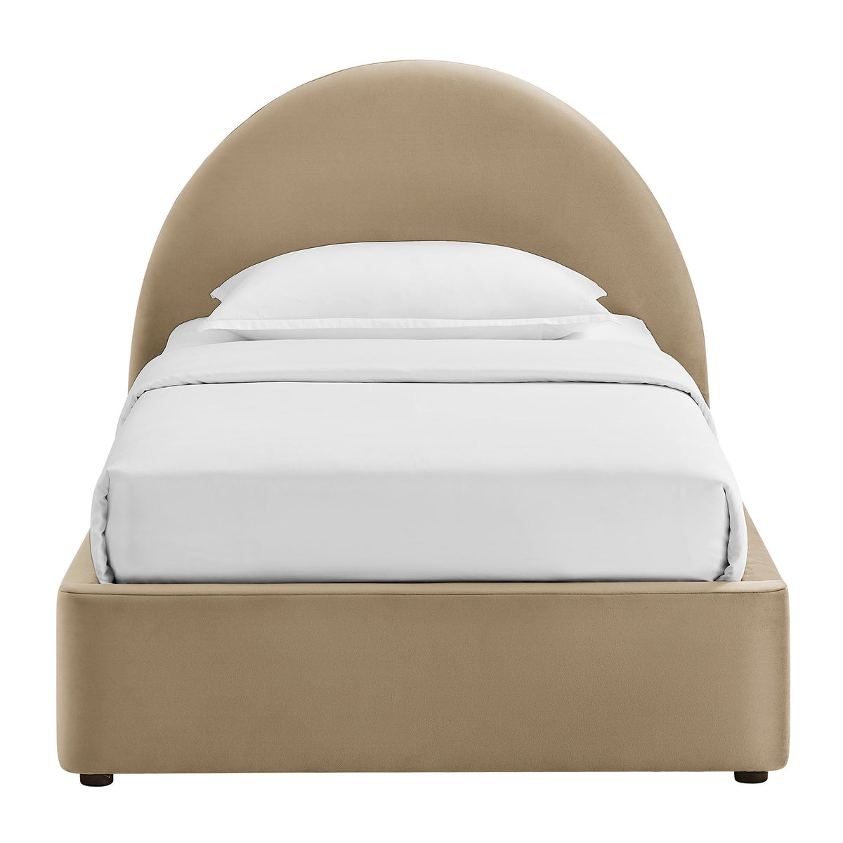Resort arched velvet storage platform bed frame by Modway in beige with white bedding on Tampa Home & Garden Store