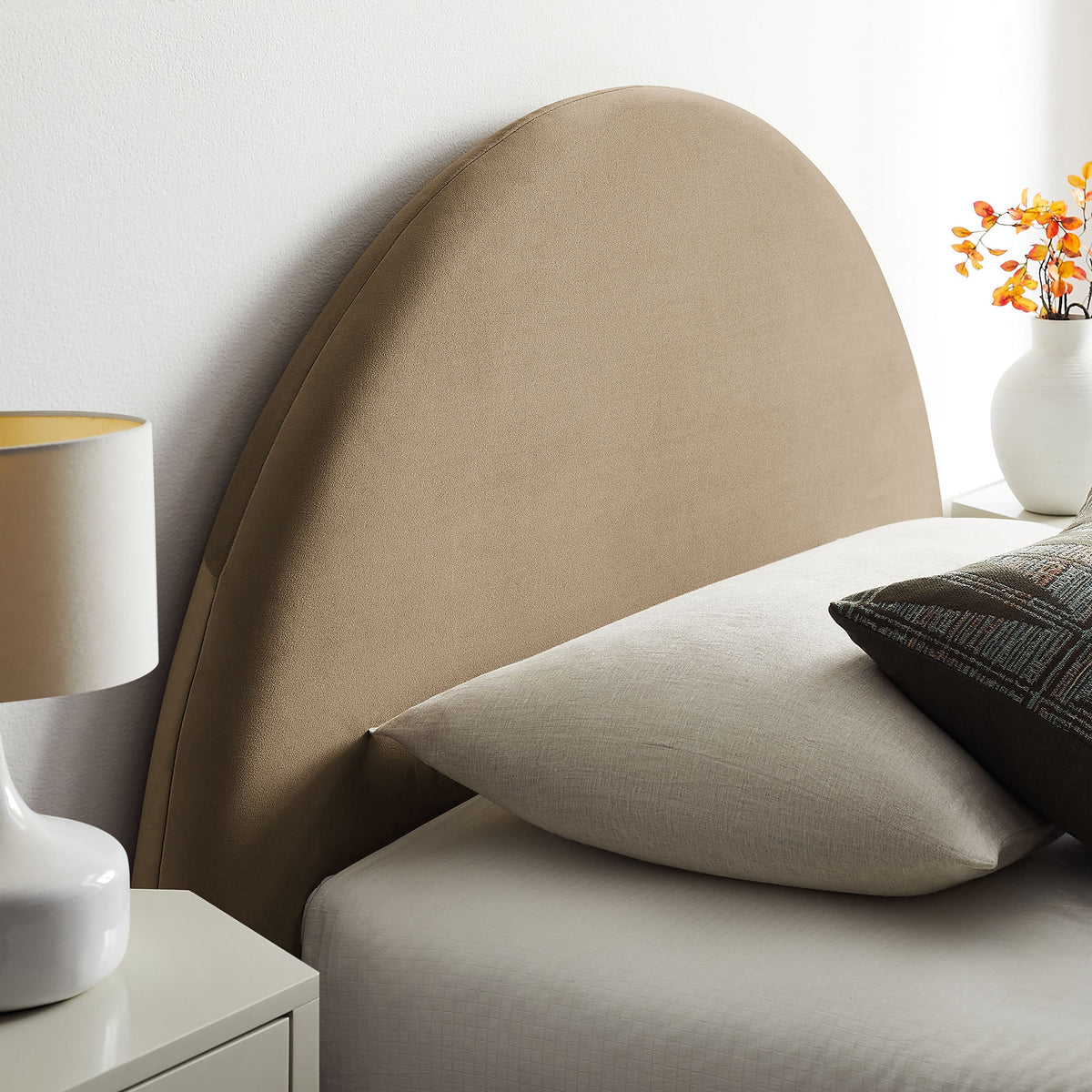 Resort arched velvet storage platform bed frame in tan with upholstered headboard on Tampa Home & Garden Store