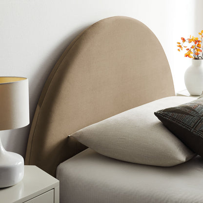 Resort arched velvet storage platform bed frame in tan with upholstered headboard on Tampa Home & Garden Store
