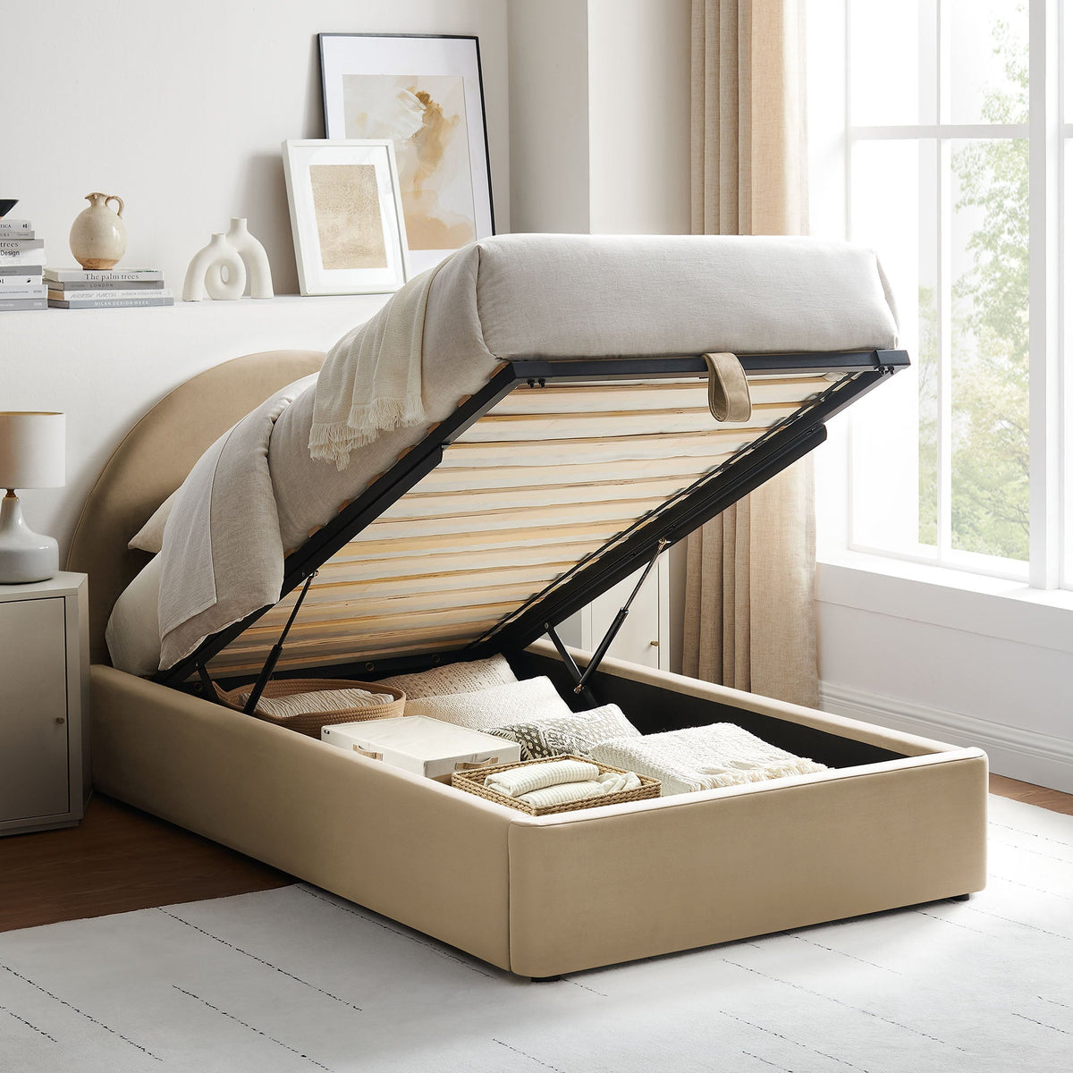 Resort arched performance velvet storage platform bed with lift-up storage in beige by Modway on Tampa Home & Garden Store
