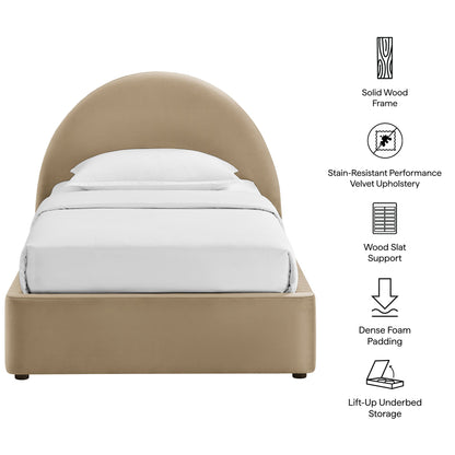 Resort arched performance velvet storage platform bed frame in tan beige with white bedding on Tampa Home & Garden Store