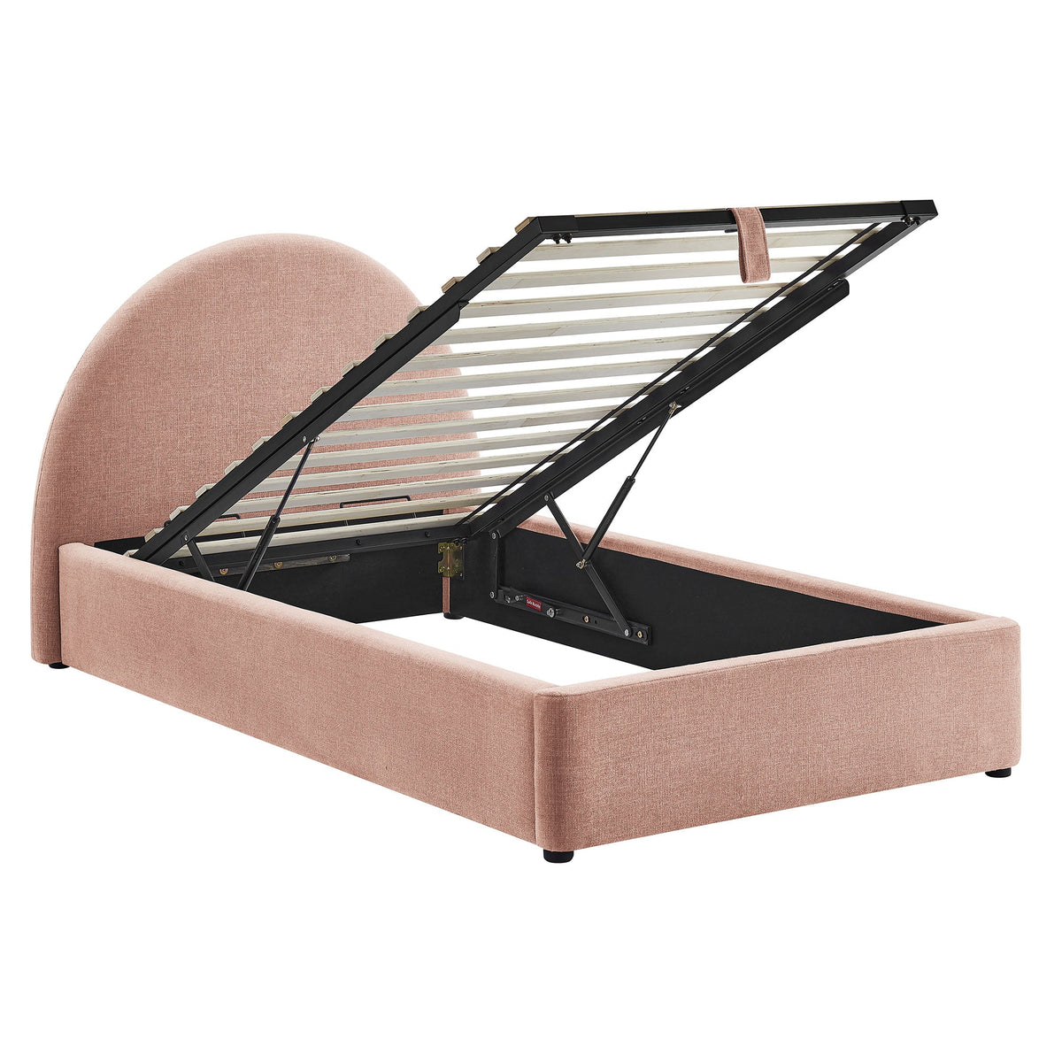 Resort arched upholstered fabric storage bed frame in pink with black metal lift mechanism on Tampa Home & Garden Store