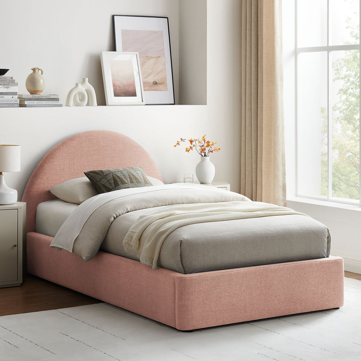 Resort Arched Upholstered Fabric Storage Platform Bed Frame pink blush by HouseOfZazla on Tampa Home & Garden Store