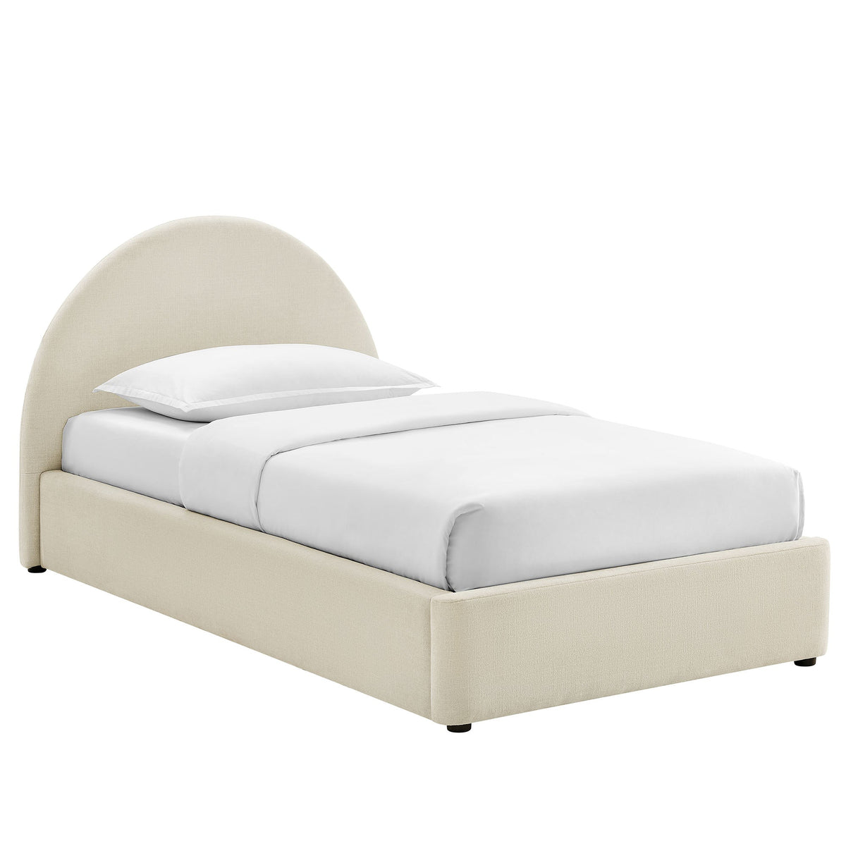 Resort arched upholstered fabric platform bed in beige with white bedding on Tampa Home & Garden Store