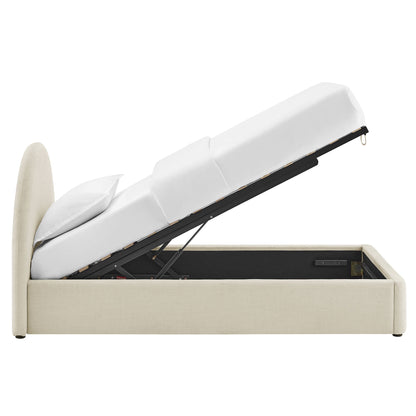 Resort arched upholstered fabric storage platform bed frame in beige with hydraulic lift on Tampa Home & Garden Store
