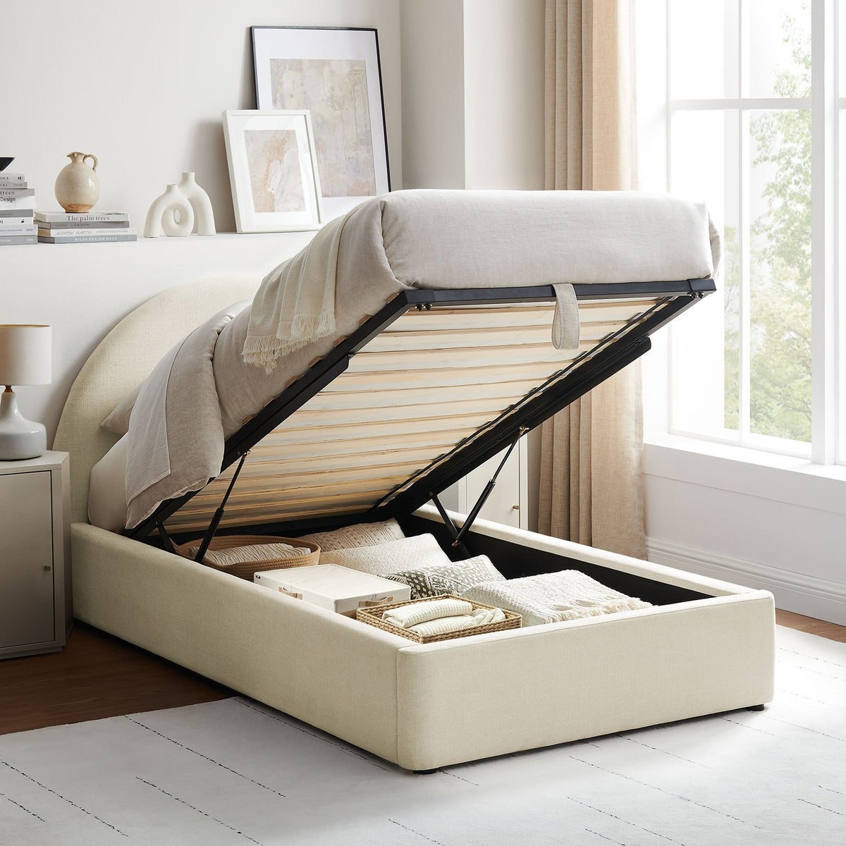 Resort arched upholstered fabric storage platform bed frame with black metal base by Modway on Tampa Home & Garden Store