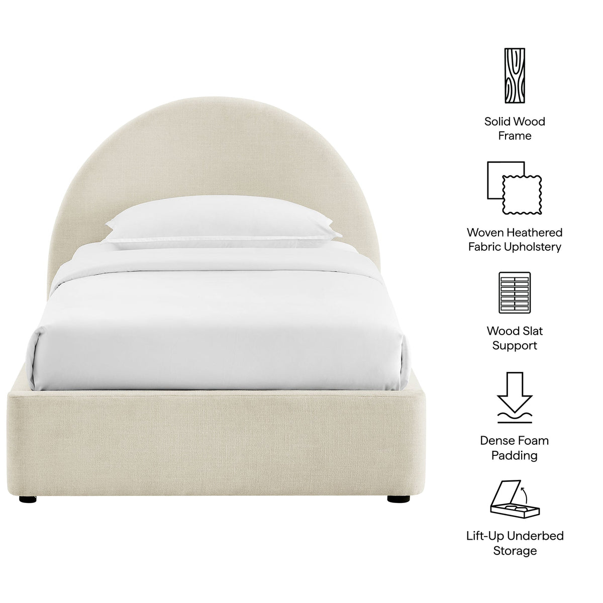 Resort arched upholstered fabric storage platform bed frame beige with white bedding solid wood on Tampa Home & Garden Store