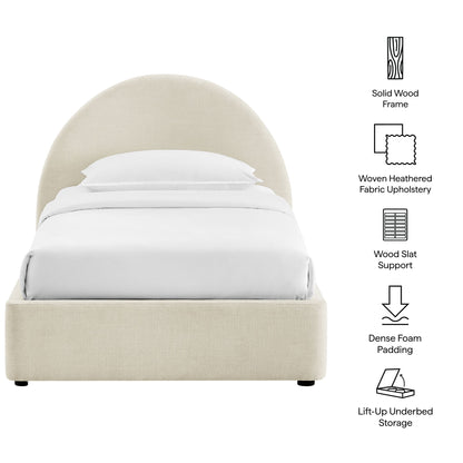 Resort arched upholstered fabric storage platform bed frame beige with white bedding solid wood on Tampa Home & Garden Store