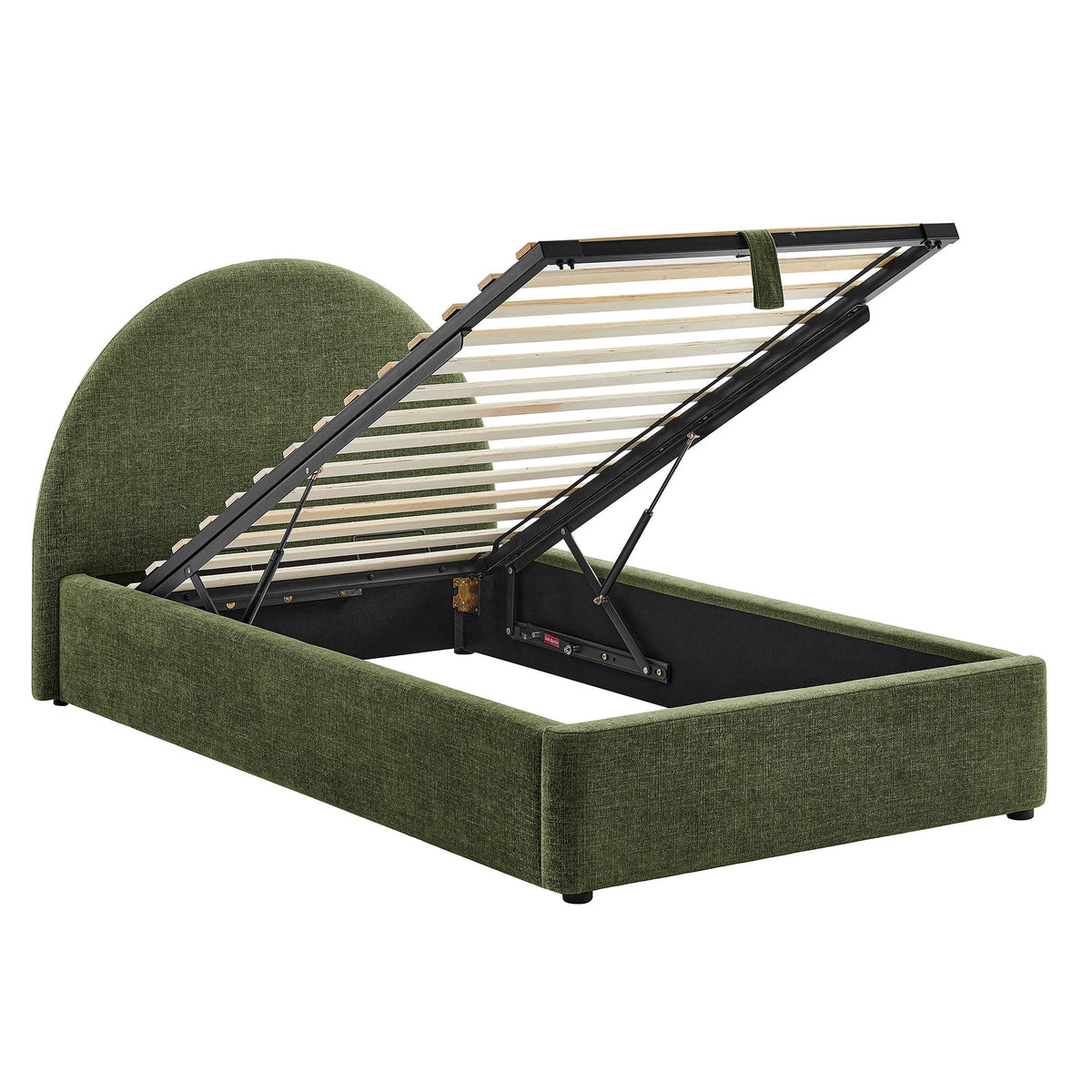 Resort arched upholstered fabric storage platform bed frame in green with lift mechanism and black metal frame on Tampa Home & Garden Store