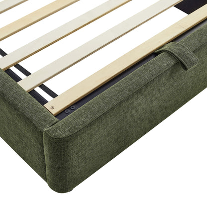 Resort arched upholstered fabric storage platform bed frame in green tweed with wooden slat base on Tampa Home & Garden Store