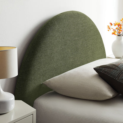 Resort arched upholstered fabric storage bed frame in olive green with beige bedding on Tampa Home & Garden Store