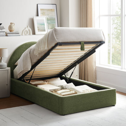 Resort Arched Upholstered Fabric Storage Platform Bed Frame in green fabric with lift storage on Tampa Home & Garden Store