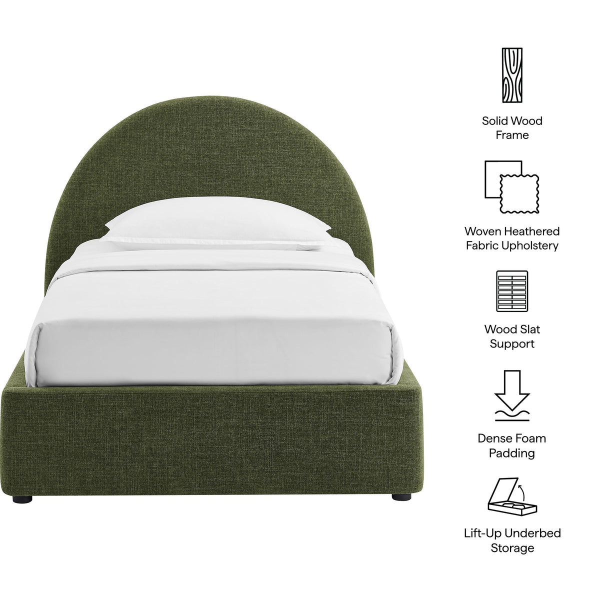 Resort arched upholstered fabric storage platform bed frame in olive green with solid wood on Tampa Home & Garden Store