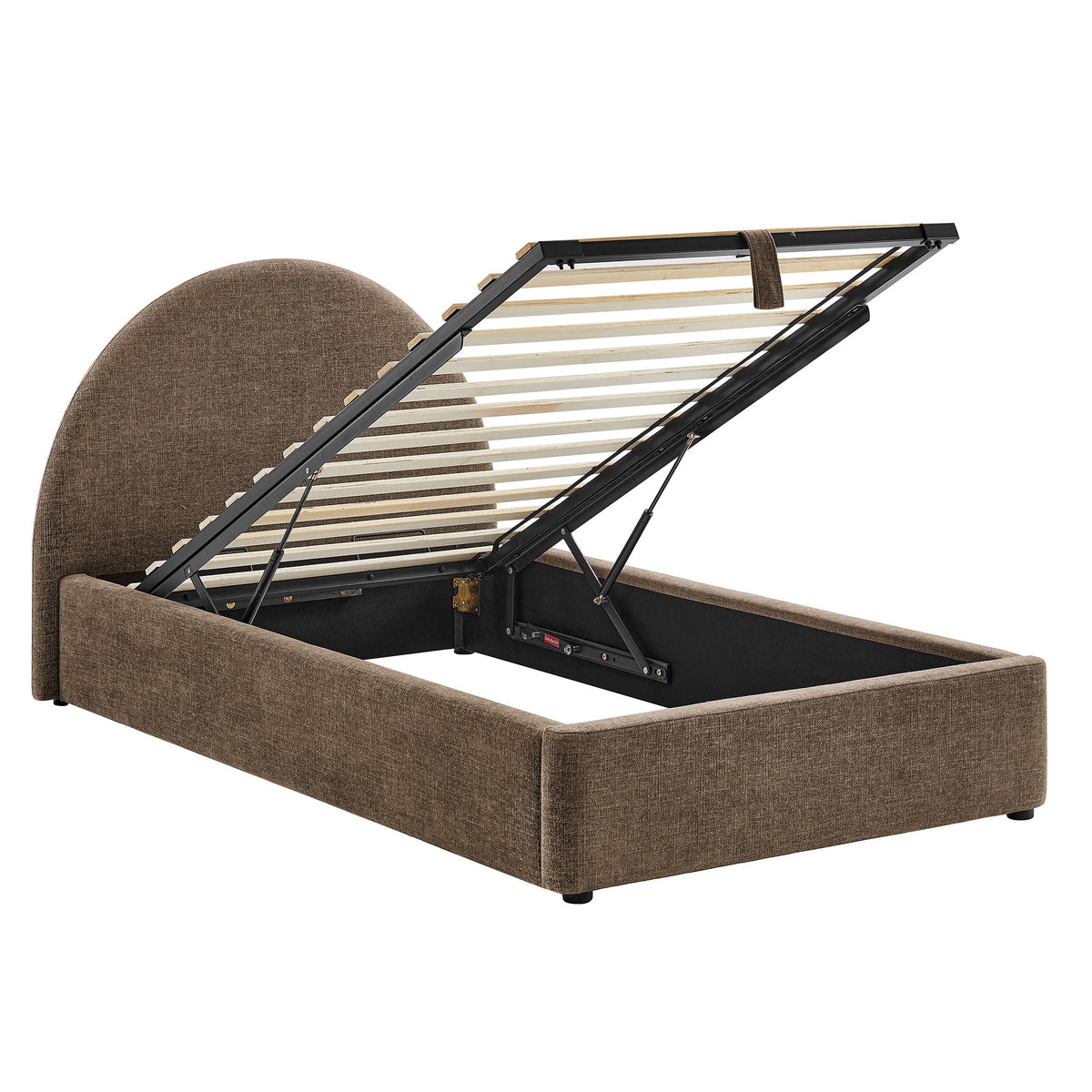 Resort arched upholstered fabric storage platform bed frame in brown with lift mechanism on Tampa Home & Garden Store