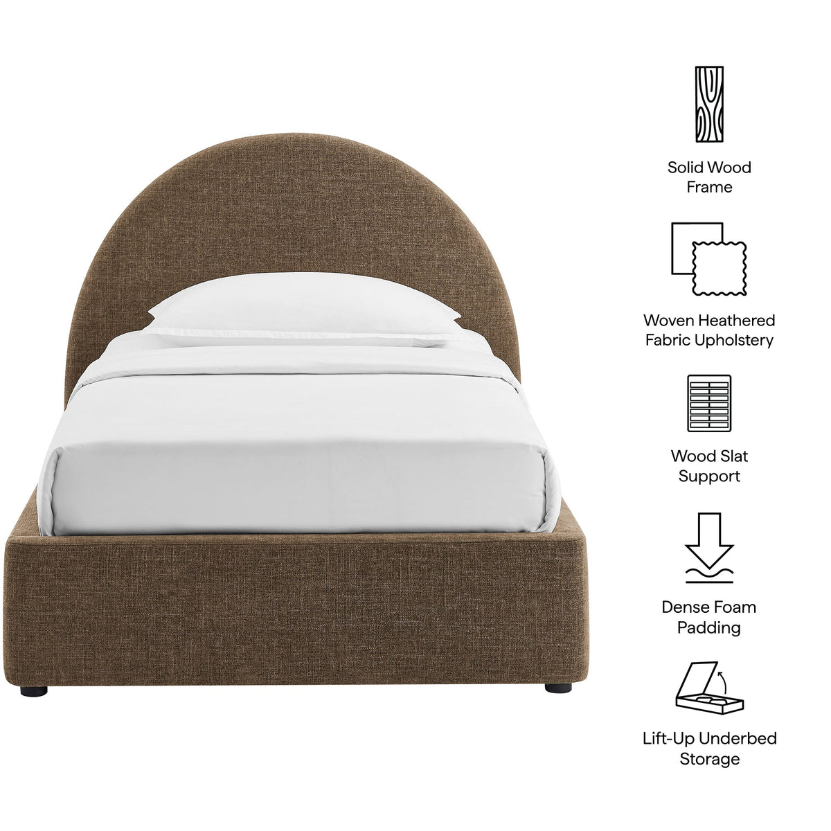 Resort arched brown fabric upholstered storage platform bed frame with lift-up storage on Tampa Home & Garden Store