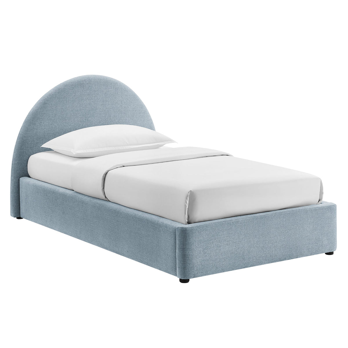 Resort arched upholstered fabric storage platform bed frame in blue-gray with white bedding on Tampa Home & Garden Store