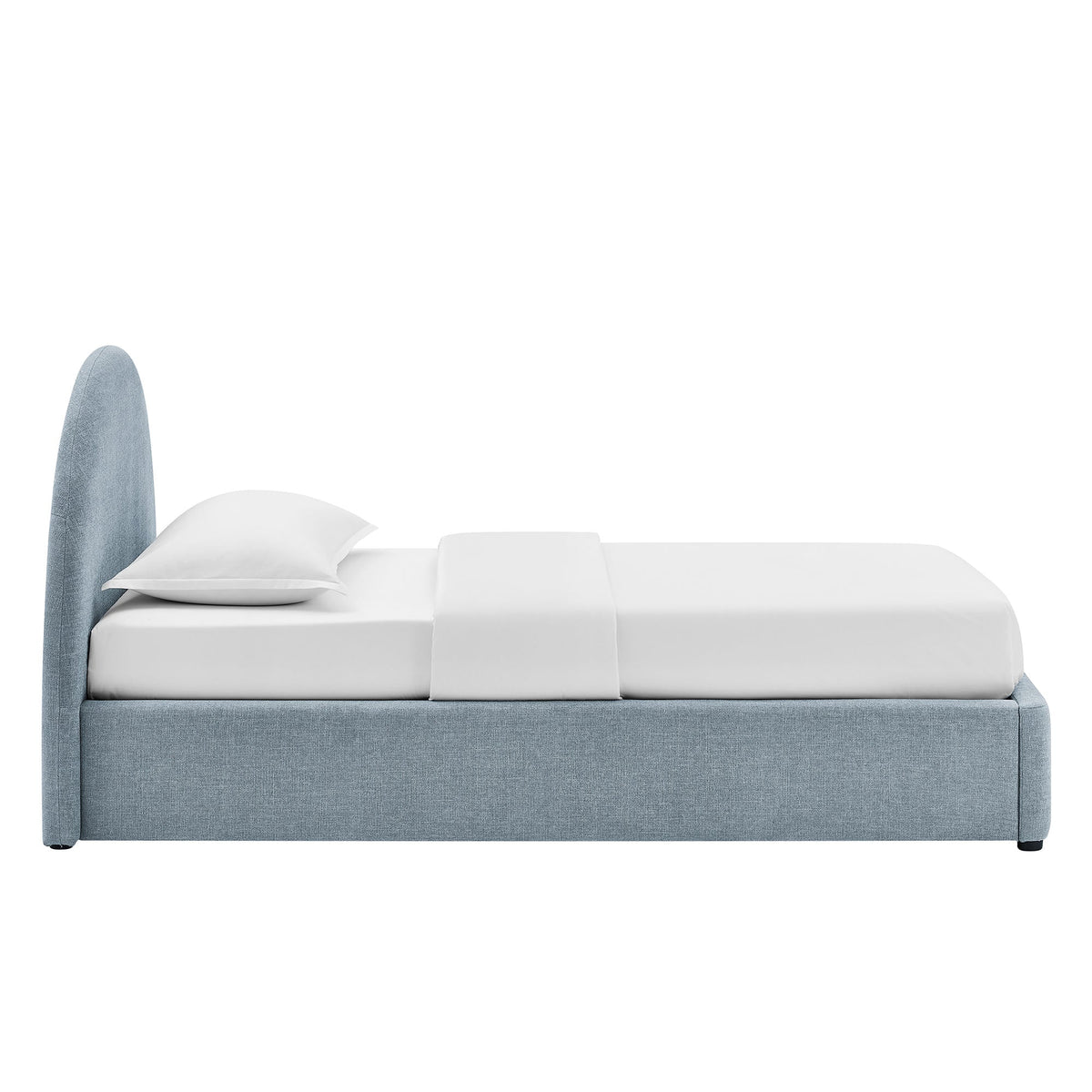 Resort arched upholstered fabric storage platform bed frame in blue-gray with headboard on Tampa Home & Garden Store