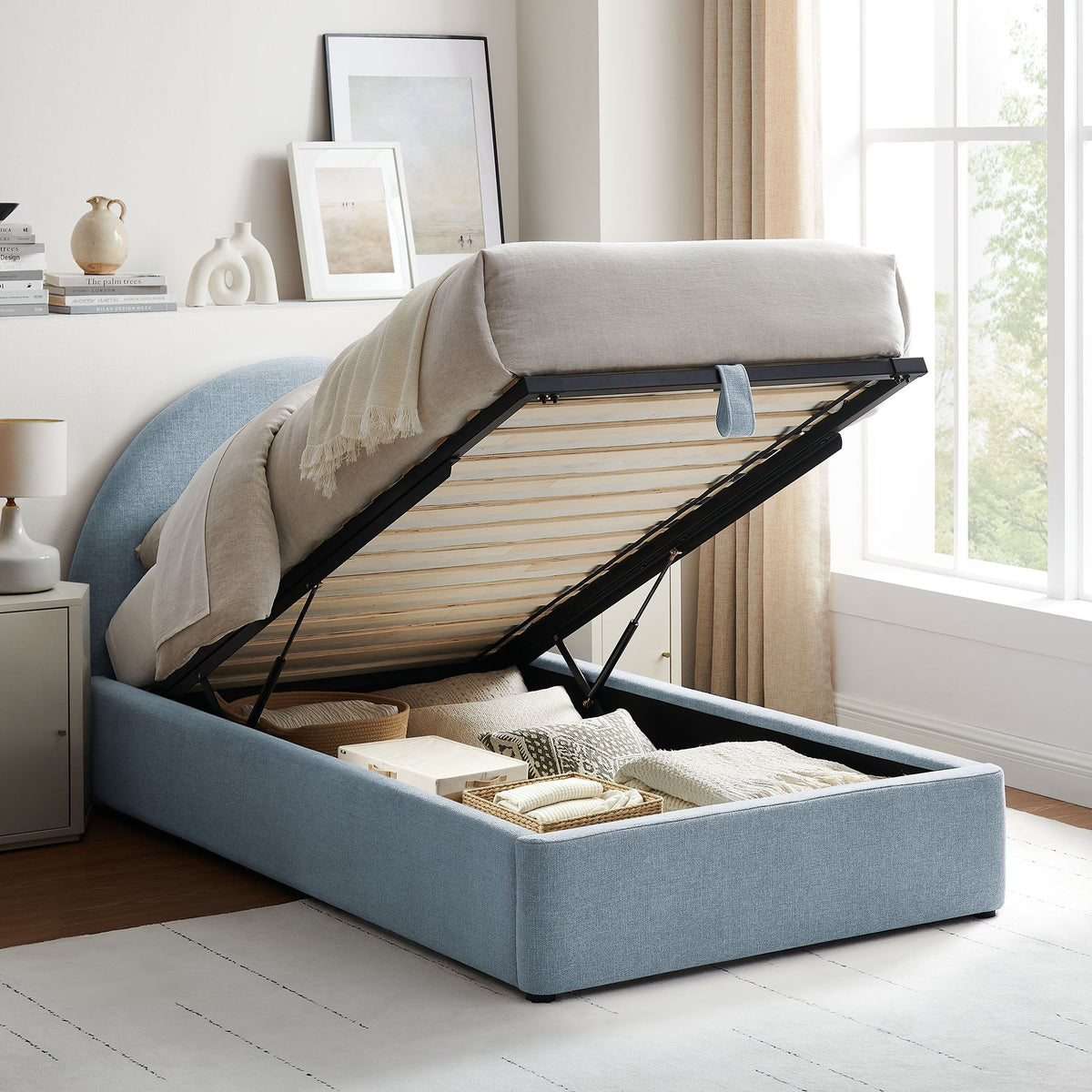 Resort Arched Upholstered Fabric Storage Platform Bed Frame in blue fabric with lift storage on Tampa Home & Garden Store