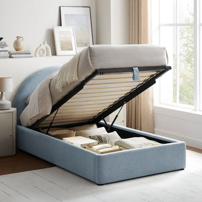 Resort Arched Upholstered Fabric Storage Platform Bed Frame in blue fabric with lift storage on Tampa Home & Garden Store