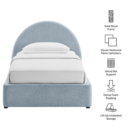 Resort arched upholstered fabric storage platform bed frame in blue-gray on Tampa Home & Garden Store