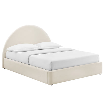 Resort Arched Performance Velvet Storage Platform Bed Frame beige upholstery with white bedding on Tampa Home & Garden Store