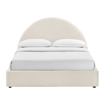 Resort Arched Velvet Storage Platform Bed Frame by Modway in beige with white bedding on Tampa Home & Garden Store