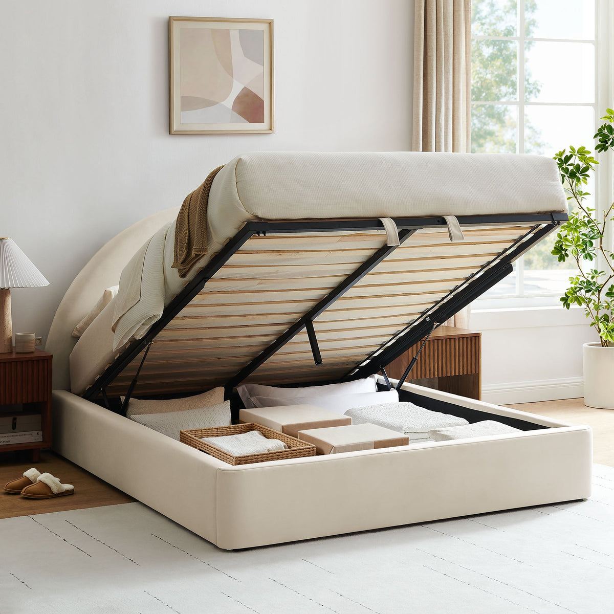 Resort Arched Velvet storage platform bed frame by Modway, white upholstered base with wooden slat foundation on Tampa Home & Garden Store