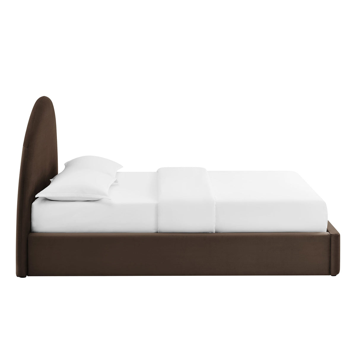 Brown velvet platform bed frame with tall arched headboard and white bedding on Tampa Home & Garden Store