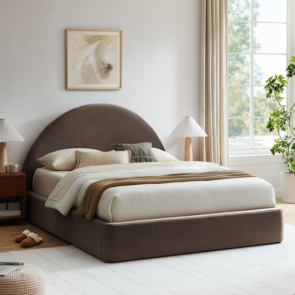 Resort Arched Velvet Storage Platform Bed Frame by Modway in dark brown velvet with beige bedding on Tampa Home & Garden Store