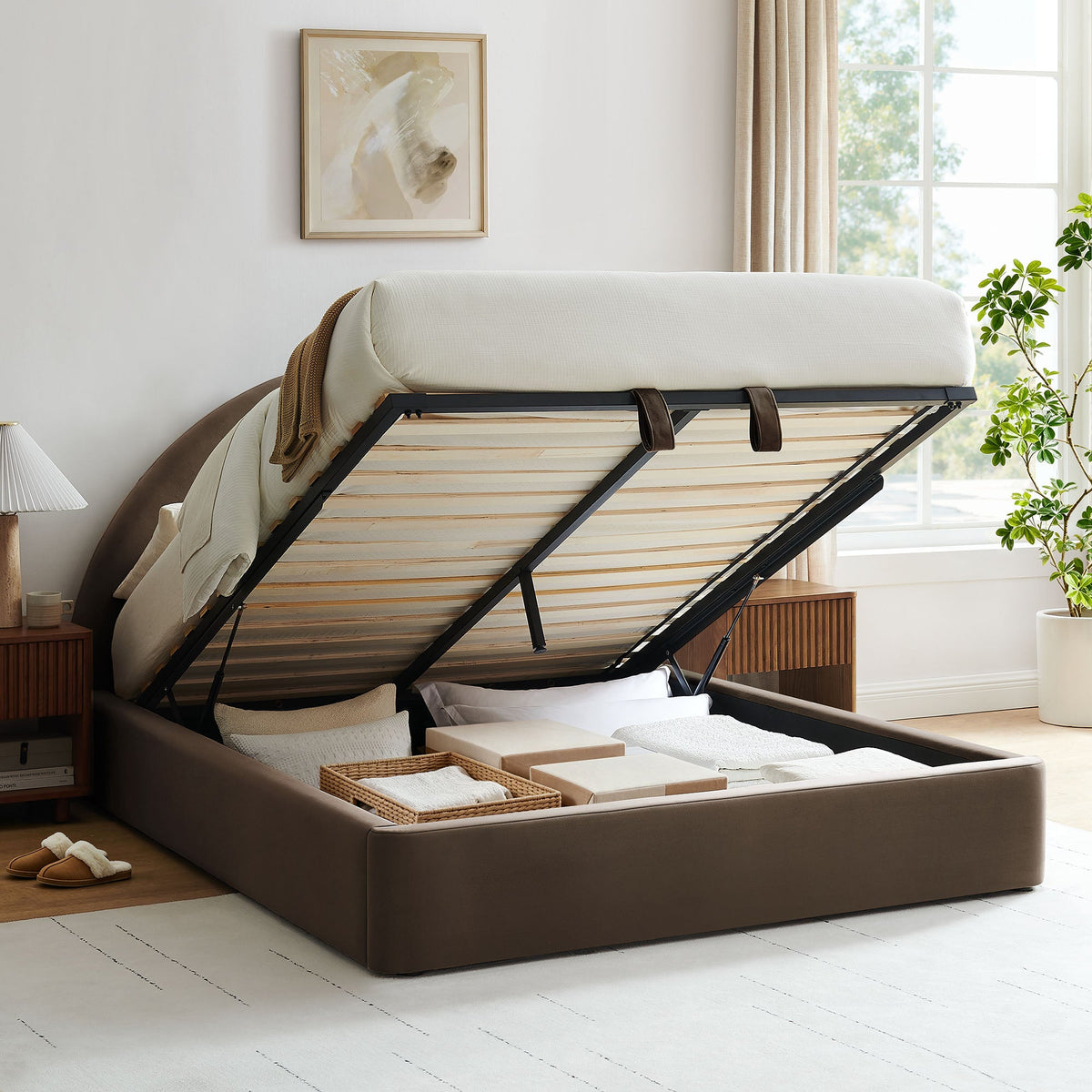 Resort Arched Velvet Storage Bed Frame taupe with black metal base storage on Tampa Store on Tampa Home & Garden Store