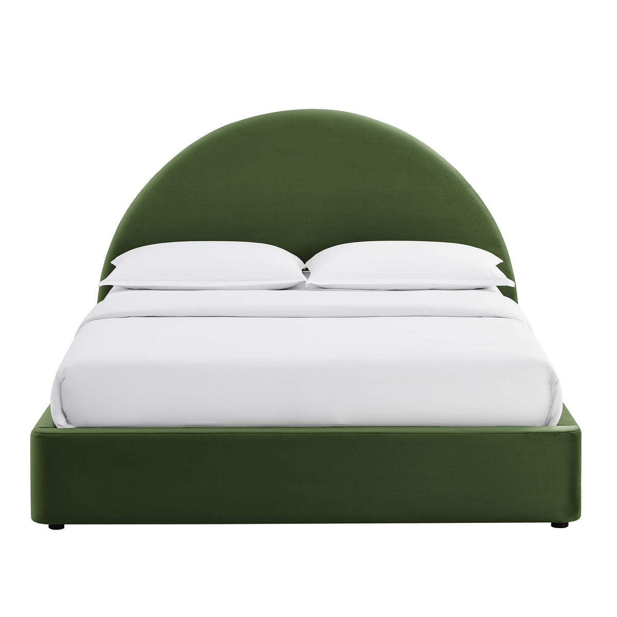 Resort arched performance velvet storage platform bed frame in green with white bedding on Tampa Home & Garden Store