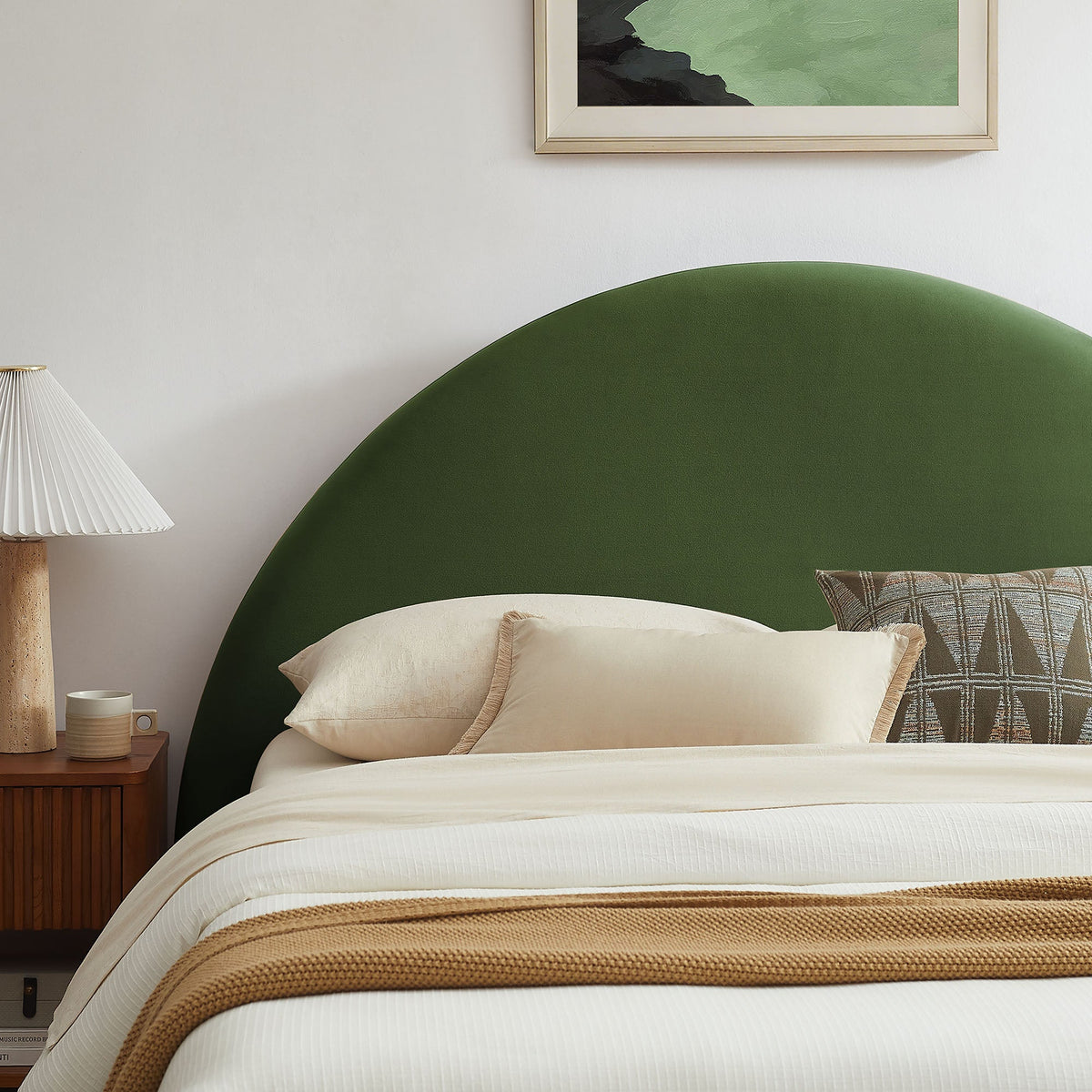 Resort Arched Velvet Storage Platform Bed Frame by Modway in green velvet with beige bedding on Tampa Home & Garden Store