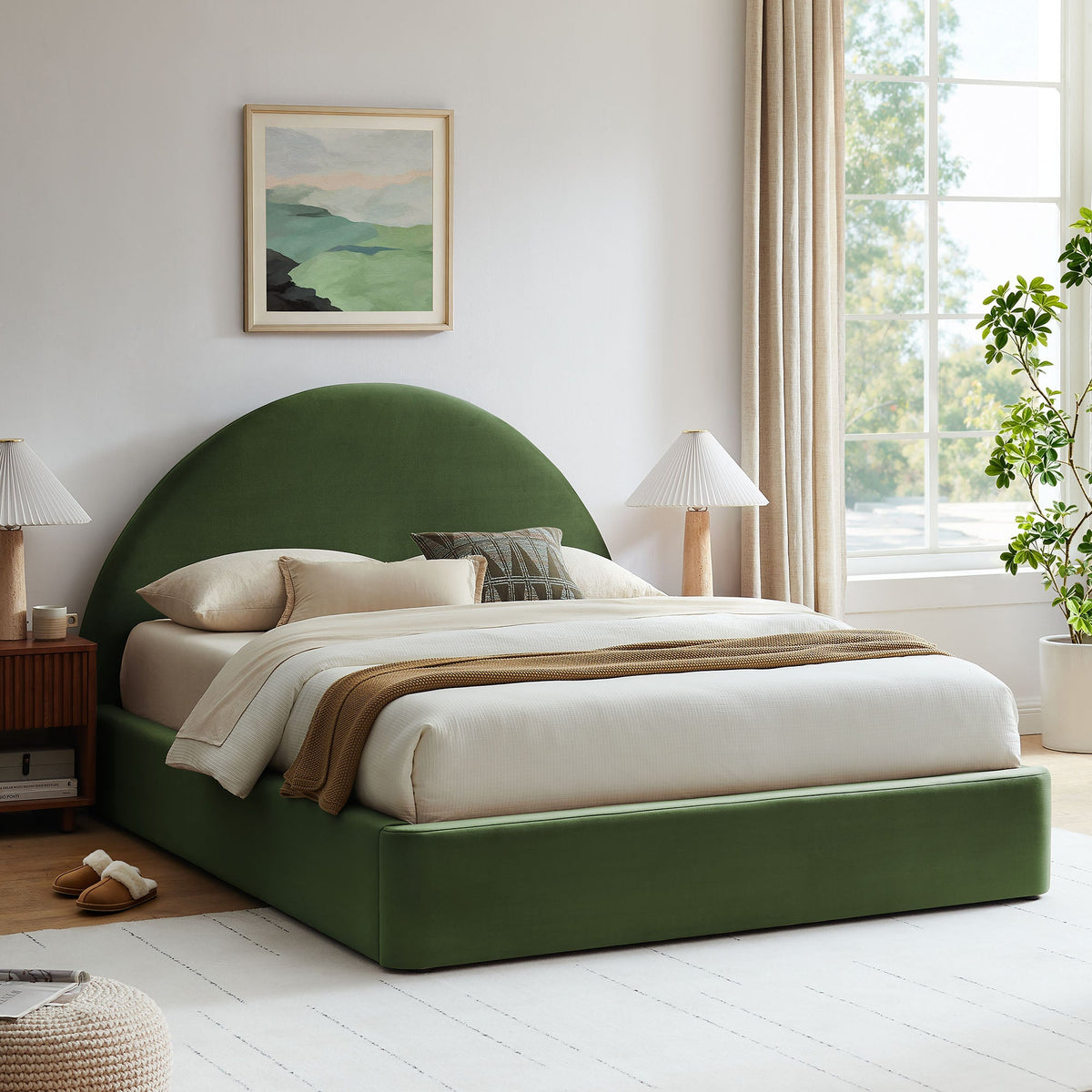 Resort Arched Velvet Storage Platform Bed Frame by Modway, beige bedding on Tampa Home & Garden Store