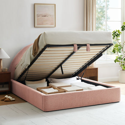 Resort arched upholstered fabric storage platform bed frame in blush pink with black metal legs on Tampa Home & Garden Store