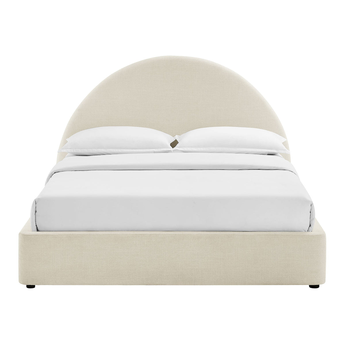 Resort arched upholstered fabric storage platform bed frame in beige with white linens on Tampa Home & Garden Store