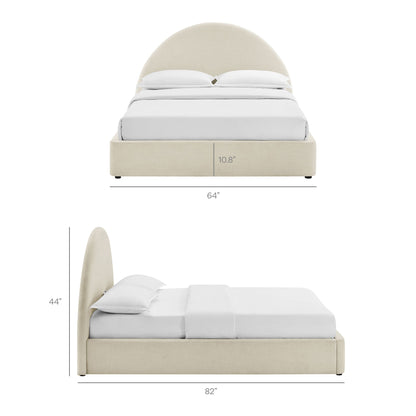 Resort arched upholstered fabric storage platform bed frame beige with tall padded headboard on Tampa Home & Garden Store