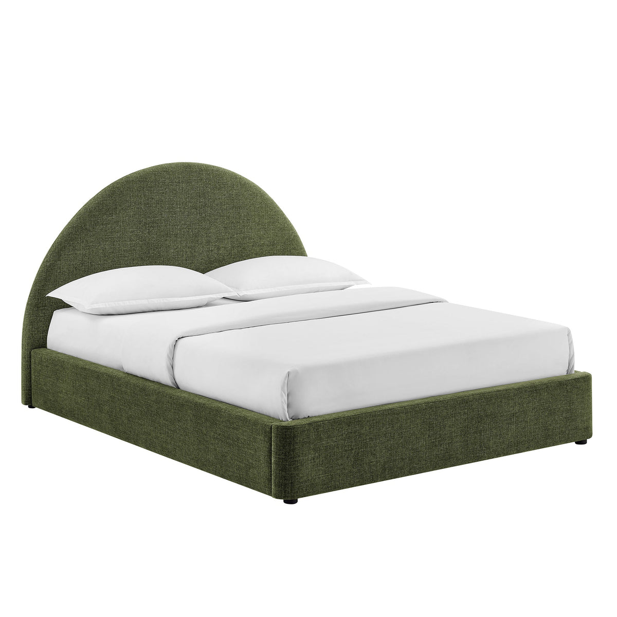Resort arched upholstered fabric storage platform bed frame in green with white bedding on Tampa Home & Garden Store