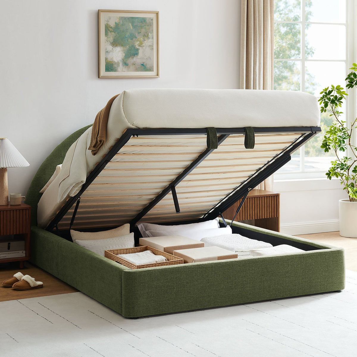 Resort arched upholstered fabric storage bed frame in green with metal legs by Modway on Tampa Home & Garden Store