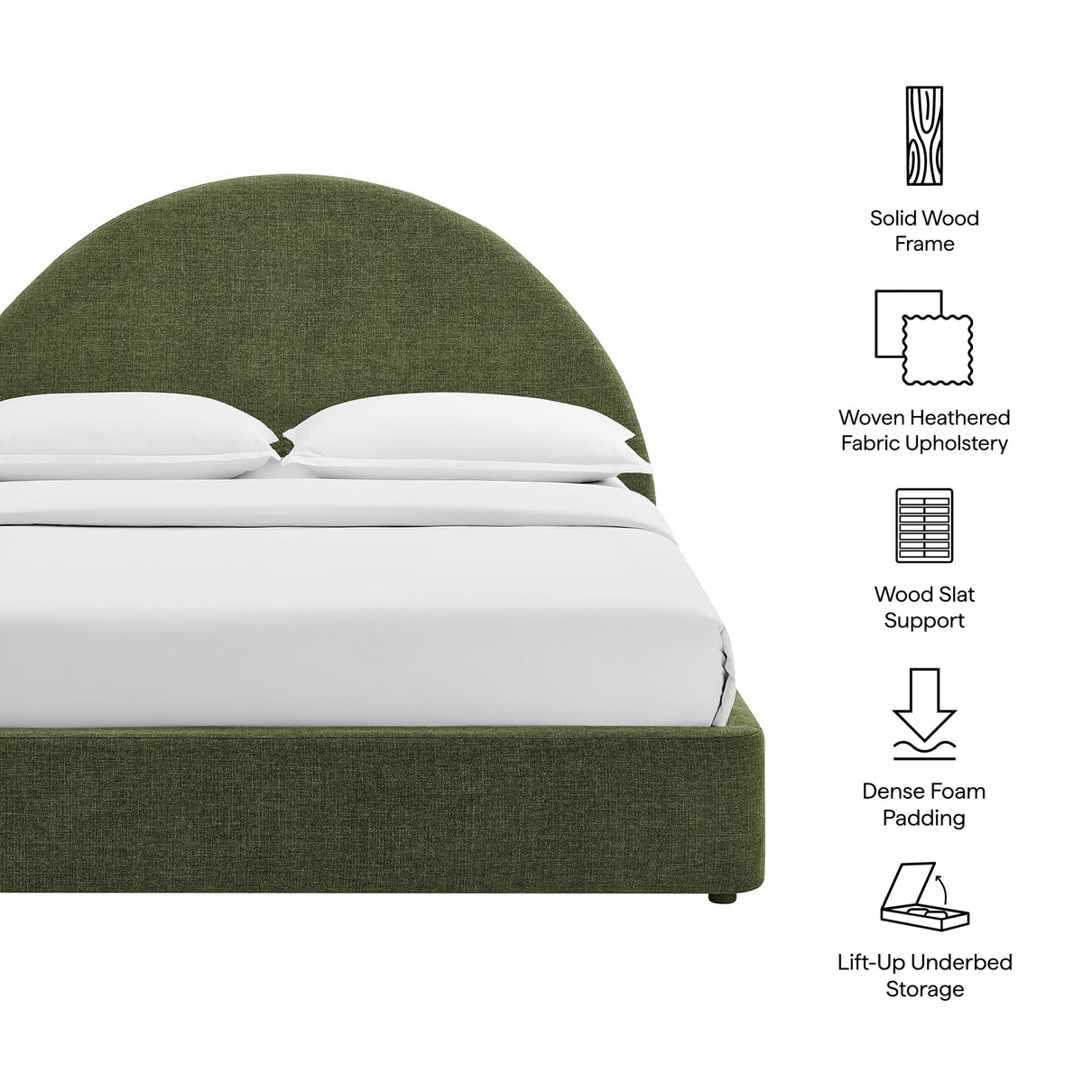 Resort arched upholstered fabric storage platform bed frame with olive-green headboard and solid wood frame on Tampa Home & Garden Store