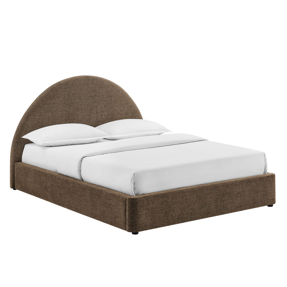 Resort arched upholstered fabric storage bed frame in brown with white bedding on Tampa Home & Garden Store
