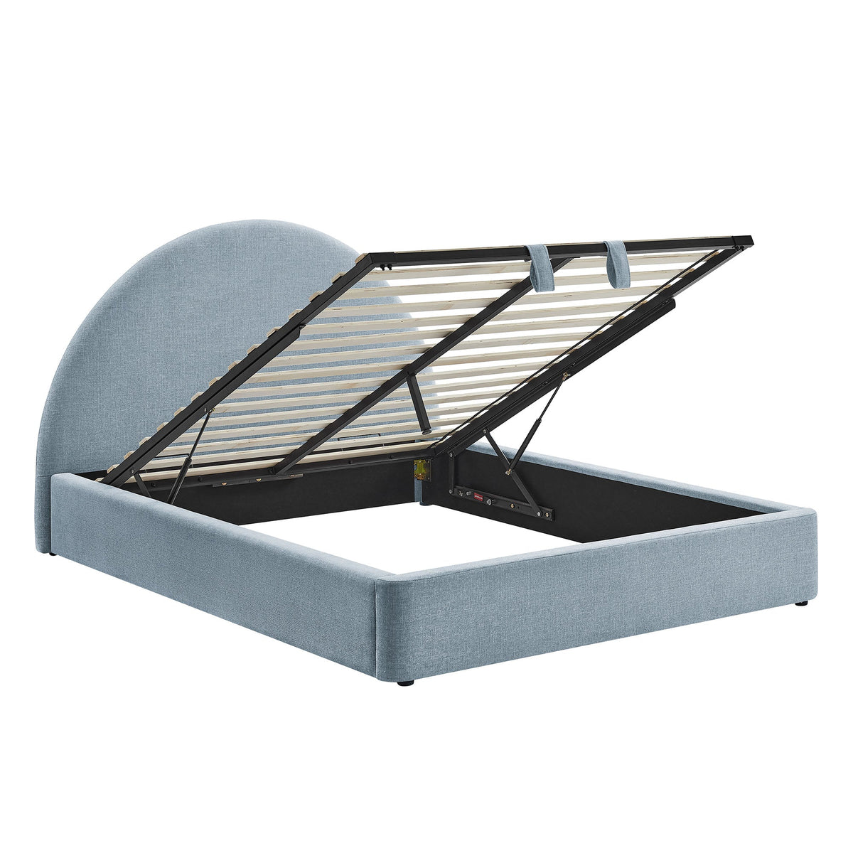 Resort arched upholstered fabric storage bed with blue fabric, black metal rails and lift on Tampa Home & Garden Store