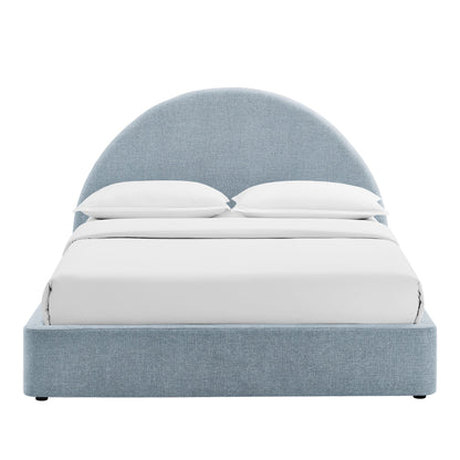 Resort arched upholstered fabric storage platform bed frame in blue-gray with white bedding on Tampa Home & Garden Store