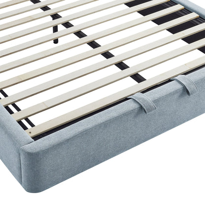 Resort Arched Upholstered Storage Platform Bed Frame in blue-gray with white slats on Tampa Home & Garden Store