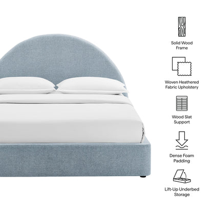 Resort arched upholstered storage platform bed frame in blue gray fabric with solid wood frame on Tampa Home & Garden Store