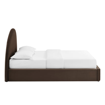 Resort Arched Velvet Storage Platform Bed Frame in brown with white bedding by Modway on Tampa Home & Garden Store